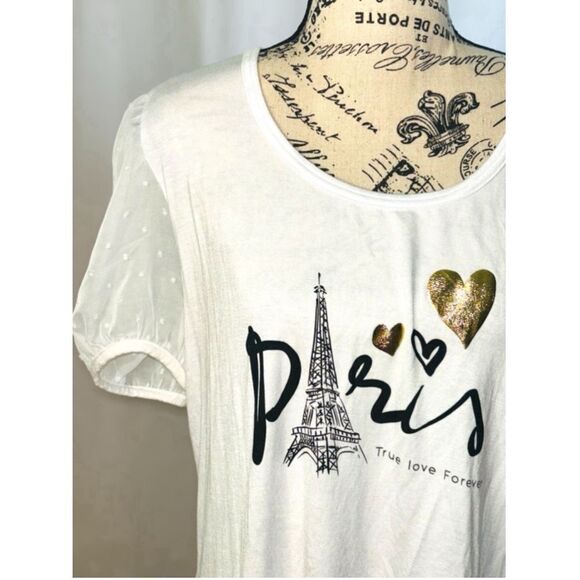 Sugar & Rose Women’s Size XL Puffy Sleeve Paris “True Love Forever” Graphic Top - Picture 2 of 10